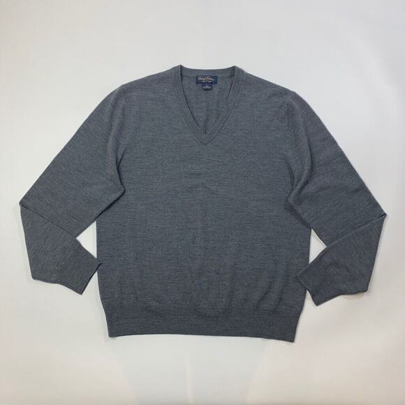 Brooks Brothers Sweater Mens L Large Steel Grey Saxxon Wool V Neck Pullover - Picture 2 of 9